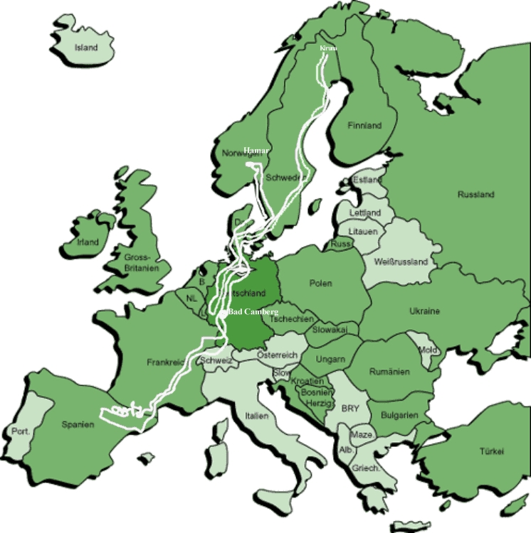 europakarte grn mit route